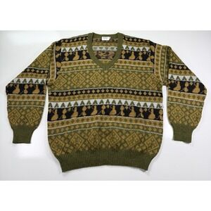 Vintage 90s Retro Equip Knit Sweater Medium Green mustard Pullover‎ Mens cozy
